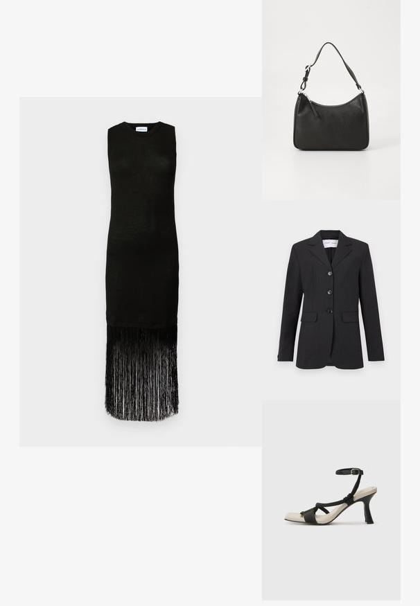 Juodas bleizeris, pagamintas iš tekstūruoto audinio, su pritaikytu siluetu, vieno mygtuko dizainu, notch apykaklėmis ir trimis priekiniais mygtukais. Yra dvi priekinės kišenės.; Juodas be rankovių suknelė su prigludusia liemenėle ir franžiniu sijonu, pagamintu iš ilgesnių, tekstūrinių sruogų. Paprastas apvalus iškirpimas, minimalus dizainas.; Juodų aukštakulnių sandalų su pintu dirželiu dizainas, kvadratine nosimi ir reguliuojamu kulkšnies dirželiu. Šviesiai bežė padas su blizgiu juodu kulnu.; Juoda odinė rankinė su išlenkta forma, viena dirželiu, užtrauktuko uždarymu ir subtiliu ženklinimu priekyje. Lygus paviršius, minimalistinis dizainas.