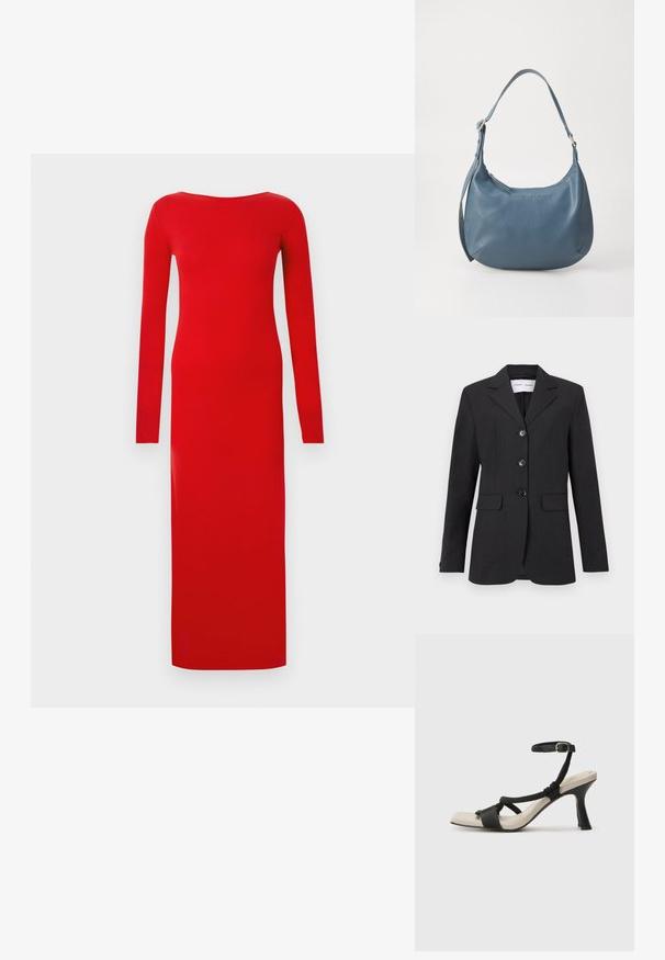 Blazer nero in tessuto testurizzato con vestibilità su misura, design monopetto, rever a fazzoletto e tre bottoni frontali. Presenta due tasche anteriori.; Vestito rosso a maniche lunghe, design aderente, scollo tondo, realizzato in tessuto liscio, lungo fino alla caviglia con silhouette elegante e dettagli minimalisti.; Sandal con tacco nero e design con cinturino intrecciato, punta quadrata e cinturino alla caviglia regolabile. Soletta beige chiaro con tacco nero lucido.; Borsa in pelle blu dalla forma arrotondata, con una sola tracolla, chiusura con zip e nome del marchio in rilievo sulla parte anteriore. Texture liscia.