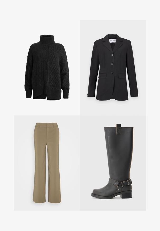 Fekete zakó textúrált anyagból, testre szabott szabású, egysoros kialakítással, kétgombos résszel, és három elülső gombbal. Két elülső zsebbel rendelkezik.; Fekete kötött pulóver magas garbónyakkal, texturált mintával és leejtett vállakkal; az alsó széleken található oldalsó hasítékok növelik a kényelmet és a megfelelő illeszkedést.; Khaki széles szárú nadrág sima anyagból, illeszkedő derékpánttal, egyenes fazonnal és elülső hajtással.; Fekete bőr, térd fölé érő csizma texturált felülettel, oldalán csat díszítéssel és alacsony sarokkal. Részletes varrások a varrások mentén.