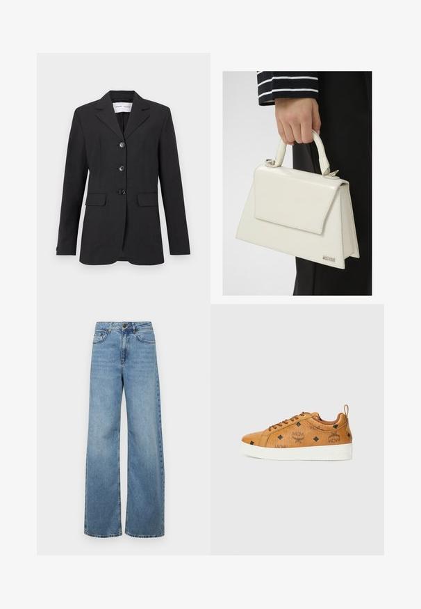 Melns blazeris, izgatavots no teksturēta auduma, ar pielāgotu piegriezumu, vienkrūšu dizainu, ar atvērtām uzlīmēm un trim priekšējiem pogām. Iekļauj divas priekšējās kabatas.; Īsām piedurknēm balta krekla, kas izgatavota no gludas auduma, iezīme ir norādīta apkakle un pogu rinda ar zaļu akcenta pogu.; Gai ziliņi plati galu džinsi no denima, ar augstu jostasvietu, priekšējām kabatām un klasisku piecu kabatu dizainu, ar mazu izbalēšanu.; Brūni ādas kedas ar kontrastējošām baltām gumijas zolitēm, ar melniem dimanta motīviem un MCM logo sānos. Iekļautas auklas un aizmugurējais cilpiņš.; Balta lakota ādas rokassoma ar strukturētu formu, augšējo rokturi un priekšējo atloku aizdari. Satur minimālistiskas sudraba akcentus.