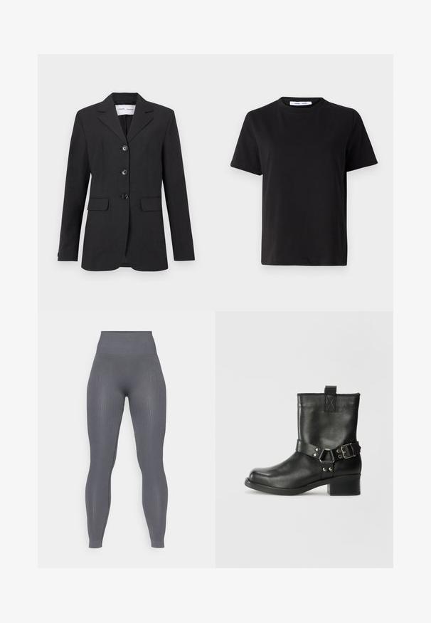 Crni blejzer od teksturirane tkanine s prilagođenim krojem, jednosmjernim dizajnom, izrezanim reverima i s tri prednja dugmeta. Sadrži dva prednja džepa.; Crna kratka majica s kratkim rukavima od mekanog pamuka, s okruglim izrezom, opuštenim krojem i glatkom teksturom. Nema vidljivih uzoraka ili grafike.; Sive rebraste tajice s visokim pojasom, uskog kroja i teksturirane tkanine. Nema vidljivih uzoraka ili hardverskih detalja.; Samsøe Samsøe SABRENTA - Kaubojske/motorističke gležnjače - black