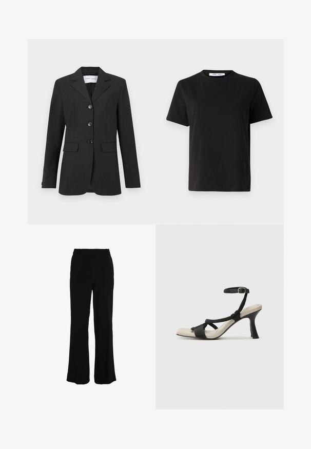 Crni blejzer od teksturirane tkanine s prilagođenim krojem, jednosmjernim dizajnom, izrezanim reverima i s tri prednja dugmeta. Sadrži dva prednja džepa.; Crna kratka majica s kratkim rukavima od mekanog pamuka, s okruglim izrezom, opuštenim krojem i glatkom teksturom. Nema vidljivih uzoraka ili grafike.; Crne hlače ravnog kroja, izrađene od glatkog materijala. Imaju srednje visoki pojas i bez vidljivih džepova ili ukrasa.; Crne sandale na visokom potpetici s dizajnom pletenih trakica, kvadratnim vrhom i podešivom trakicom oko gležnja. Svijetlosmeđi ulošci s sjajnim crnim potpeticama.