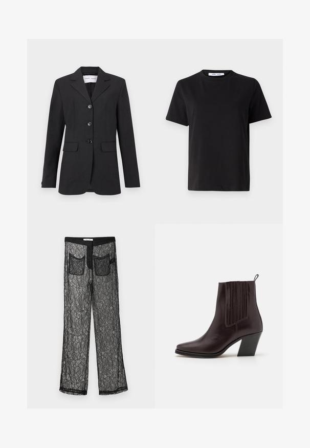 Melns blazeris, izgatavots no teksturēta auduma, ar pielāgotu piegriezumu, vienkrūšu dizainu, ar atvērtām uzlīmēm un trim priekšējiem pogām. Iekļauj divas priekšējās kabatas.; Melna īsām piedurknēm T-kreklu, kas izgatavots no mīksta kokvilnas, ar apļveida kakla izgriezumu, brīvu piegriezumu un gludu tekstūru. Nav redzamu rakstu vai grafikas.; Samsøe Samsøe SAYLA TROUSERS - Auduma bikses - black; Tumši brūni ādas potīšu zābaki ar smailu purngalu, vertikālu rievojumu detaļām sānos un vidēja augstuma bloku papēdi.