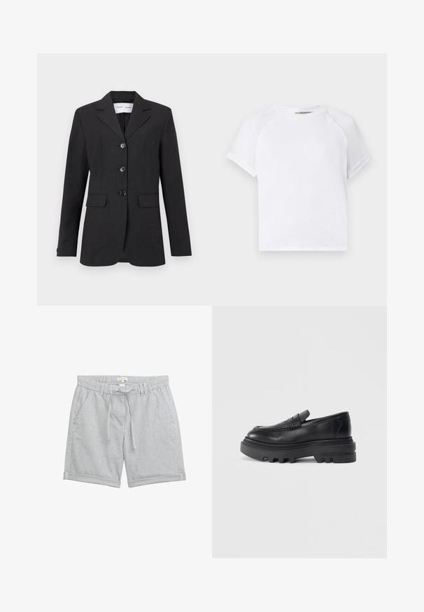 Črn blazer iz teksturirane tkanine s prilegajočim krojem, enojnim zapenjanjem, zareznimi reverji in tremi sprednjimi gumbi. Ima dve sprednji žepi.; Bela bombažna majica s krojem okoli vratu, kratkimi raglan rokavi in sproščenim krojem. Gladka tekstura brez vidnih vzorcev ali detajlov.; Lahki bombažni kratki hlače z navpičnimi modrimi in belimi črtami. Imajo elastičen pas z vrvico in stranske žepke. Obrobe so obrobljene.; Črne usnjene loafer čevlje z debelim črnim podplatom in teksturiranim detajlom na traku. Gladka površina in zaobljena oblika poudarjata sodoben dizajn.