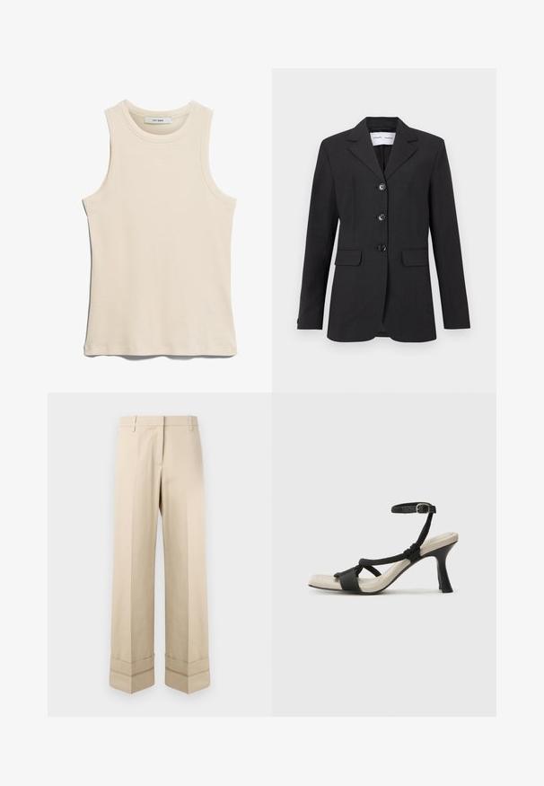 Sort blazer lavet af struktureret stof med en skræddersyet pasform, ensidet design, klapkrave og tre frontknapper. Har to frontlommer.; Ærmeløs lys beige tanktop lavet af ribbet stof, med en rund halsudskæring og et rent, minimalistisk design.; Beige bukser med lige pasform, der har en dobbelt manchet i kanten og en flad frontdesign. Lavet af glat, slidstærkt stof.; Sorte hælede sandal med flettet remdesign, firkantet tå og justerbar ankelrem. Lys beige fodseng med en blank sort hæl.