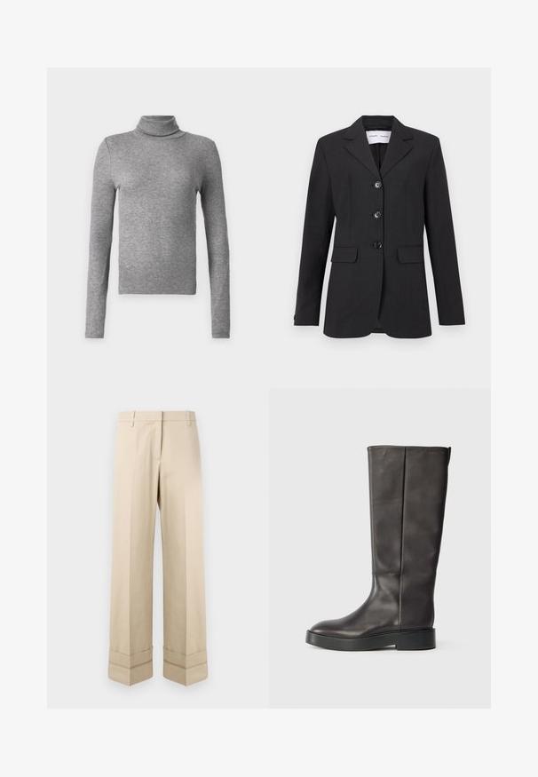 Črn blazer iz teksturirane tkanine s prilegajočim krojem, enojnim zapenjanjem, zareznimi reverji in tremi sprednjimi gumbi. Ima dve sprednji žepi.; Siva turtleneck pulover iz rebraste tkanine, z dolgimi rokavi in prilegajočim se krojem. Preprost in vsestranski za kombiniranje ali samostojno nošenje.; Bež hlače s ravnim krojem, ki imajo dvojni rob na robu in ravno sprednjo zasnovo. Narejene so iz gladkega, trpežnega materiala.; Črne usnjene gležnjarje do kolen z debelim podplatom in diskretnim logotipom Calvin Klein blizu zgornjega roba, prikazane s strani.