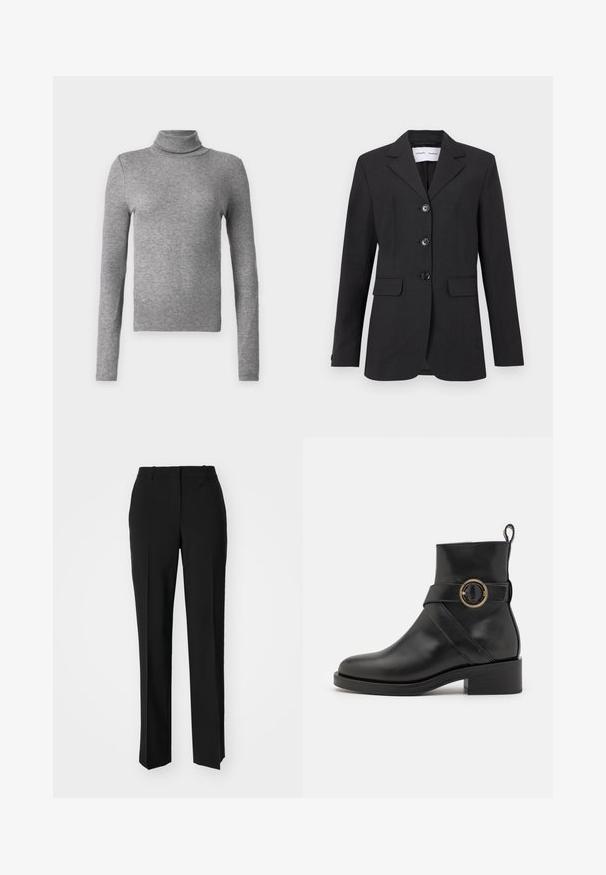 Black blazer made of textured fabric with a tailored fit, single-breasted design, notch lapels, and three front buttons. Features two front pockets.; Gray turtleneck sweater made of ribbed fabric, featuring long sleeves and a fitted design. Simple and versatile for layering or standalone wear.; Black tailored trousers with a straight-leg design, featuring a smooth texture and crisp creases along the front. No visible hardware.; BOSS IRYNA BOOTIE - Platform ankle boots - black
