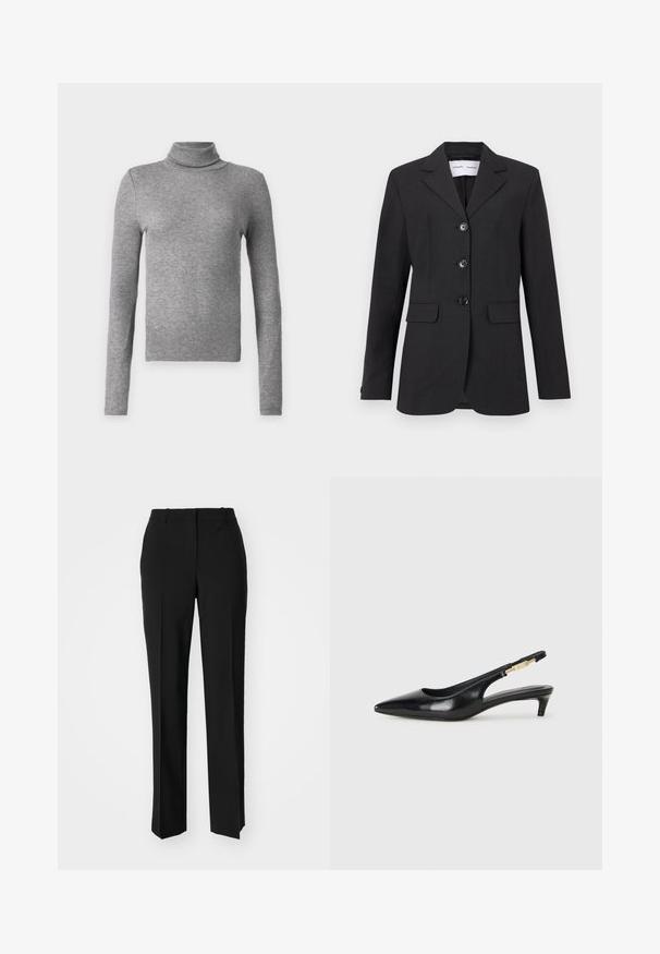 Sacou negru, realizat dintr-un material texturat, cu o croială ajustată, design cu un singur rand de nasturi, rever în formă de zimți și trei nasturi frontali. Dispune de două buzunare frontale.; Pulover gri cu guler înalt, realizat dintr-un material texturat, având mâneci lungi și un design ajustat. Simplu și versatil, potrivit pentru a fi purtat atât peste, cât și singur.; Pantaloni negri tailor-ed cu un design drept, având o textură fină și cute clare pe față. Fără elemente de prindere vizibile.; Sandale slingback din piele neagră cu vârf ascuțit, având un toc subțire și un accent de culoare aurie pe curea ajustabilă. Textură netedă.