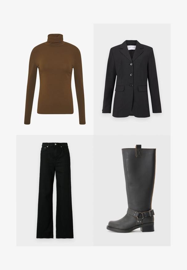 Blazer preto feito de tecido texturizado com um corte ajustado, design de um só botão, lapelas em bico e três botões frontais. Apresenta duas bolsos frontais.; Samsøe Samsøe ESTER - Camisola de manga comprida - monks robe; Jeans de denim preto com uma cintura alta, corte largo, apresentando um fecho frontal com botão e zip e um design clássico de cinco bolsos.; Bota preta de couro até ao joelho com um acabamento texturizado, apresentando um detalhe de fivela lateral e um salto baixo. Costura detalhada ao longo das costuras.