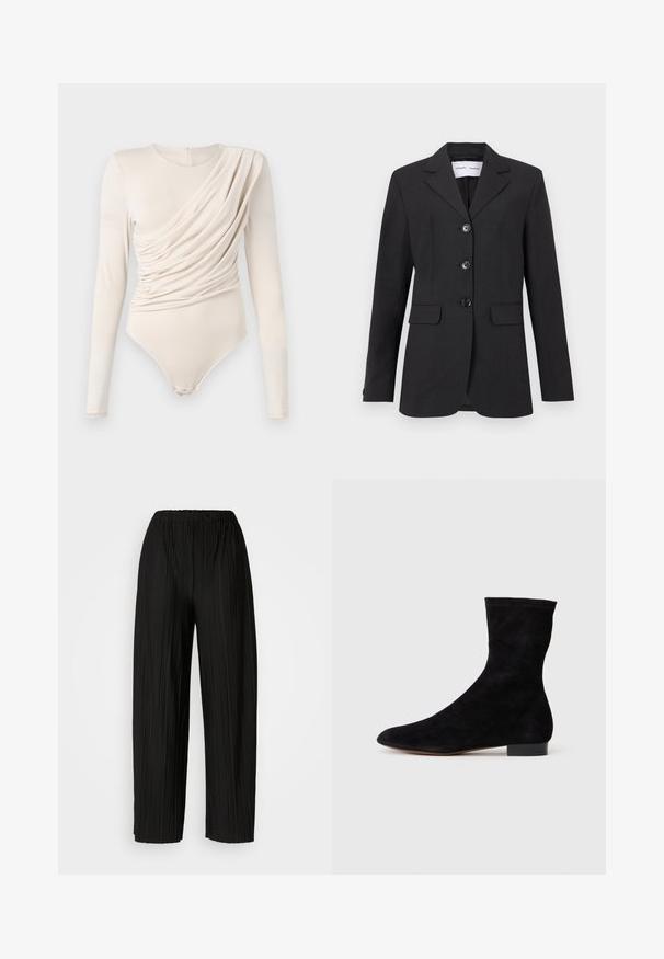 Blazer negro hecho de un tejido texturizado con un corte entallado, diseño de un solo botón, solapas con muesca y tres botones frontales. Incluye dos bolsillos frontales.; Body de manga larga beige con drapeado en la parte frontal, textura suave y cierre a presión en la parte inferior. Diseño elegante y ajustado.; Pantalones anchos de pierna amplia, de color negro, con una cintura elástica. La tela presenta pliegues verticales y una textura suave.; Botín de ante negro con caña ajustada, punta afilada y tacón bajo en bloque. Textura suave y diseño minimalista, adecuado para un estilo versátil.
