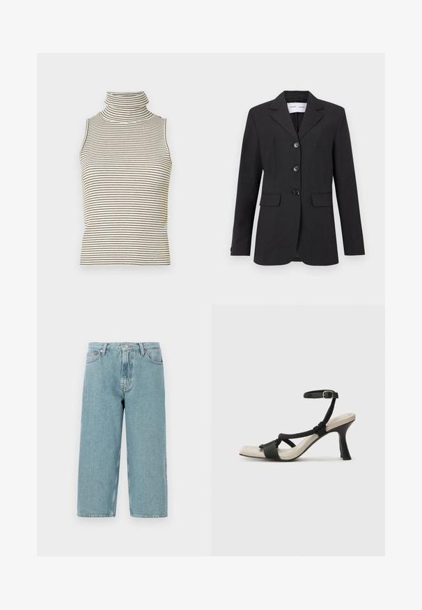 Czarny żakiet wykonany z teksturowanej tkaniny, z dopasowanym krojem, jednorzędowym zapięciem, klapami w kształcie notcha oraz trzema guzikami z przodu. Posiada dwie kieszenie z przodu.; Bez rękawów top w golf z pionowymi czarno-białymi paskami, wykonany z teksturowanej dzianiny, z wysokim, dopasowanym kołnierzem.; Jasnoniebieskie szorty dżinsowe z wysokim stanem, prostym krojem i surowym wykończeniem. Posiadają klasyczne zapięcie na guzik i zamek błyskawiczny oraz cztery kieszenie.; Czarne sandały na obcasie z plecionym paskiem, kwadratowym noskiem i regulowanym paskiem na kostkę. Jasnobeżowa wkładka z błyszczącym czarnym obcasem.