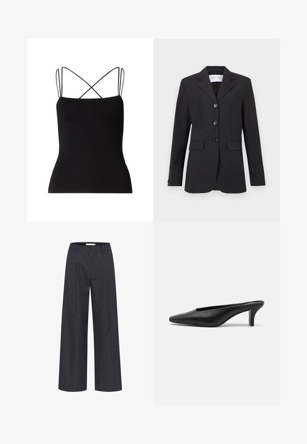 Juodas bleizeris, pagamintas iš tekstūruoto audinio, su pritaikytu siluetu, vieno mygtuko dizainu, notch apykaklėmis ir trimis priekiniais mygtukais. Yra dvi priekinės kišenės.; Samsøe Samsøe SANEHA - Viršus - black; Tamsiai mėlynos plačios kojos kelnės su plonomis baltomis juostelėmis. Turi prisitaikantį liemenį ir lygią tekstūrą, suteikiančią išpjaustytą išvaizdą.; Juodi odiniai mulesai su smailiu priekiniu kraštu ir žemu stiletto kulnu. Lygi tekstūra, minimalistinis dizainas ir atvira nugarėlė patogiam dėvėjimui.