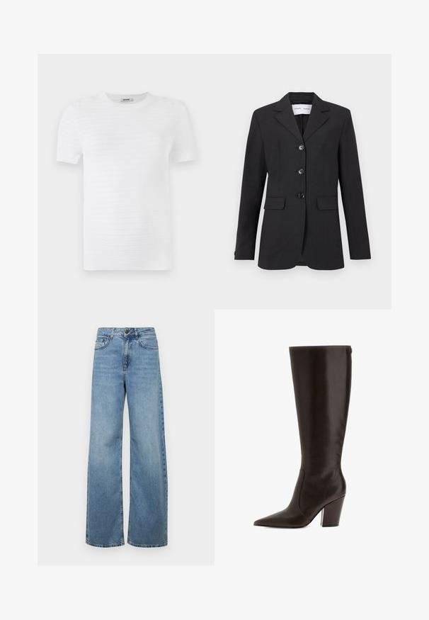 Črn blazer iz teksturirane tkanine s prilegajočim krojem, enojnim zapenjanjem, zareznimi reverji in tremi sprednjimi gumbi. Ima dve sprednji žepi.; Bela kratka majica s kratkimi rokavi, izdelana iz teksturirane tkanine s pokritim vzorcem. Oblikovanje vključuje okroglo ovratnik in ravno prileganje.; Svijetloplave široke traperice s visokim strukom, prednjim džepovima i klasičnim dizajnom s pet džepova, uz blagu izblijedjelost.; Rjave usnjene škornje do kolen s koničastim nosom in blok peto. Imajo gladko teksturo in stranski zadrgo za enostavno obuvanje.