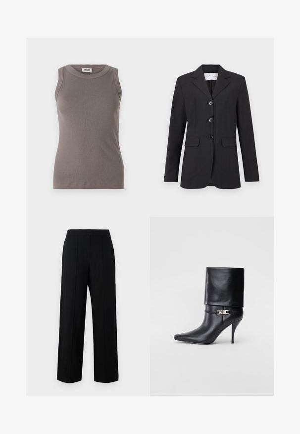 Fekete zakó textúrált anyagból, testre szabott szabású, egysoros kialakítással, kétgombos résszel, és három elülső gombbal. Két elülső zsebbel rendelkezik.; Szürke, bordás ujjatlan top, kerek nyakkivágással, puha, textúrált anyagból. Egyszerű, testhezálló sziluett.; Fekete, széles lábú nadrág sima anyagból, lapos elülső résszel, két függőleges varrással és egyszerű derékpánttal.; Fekete bőr bokacsizma hegyes orral, magas stiletto sarokkal, hajtott szegéllyel és arany díszcsattal a bokán.