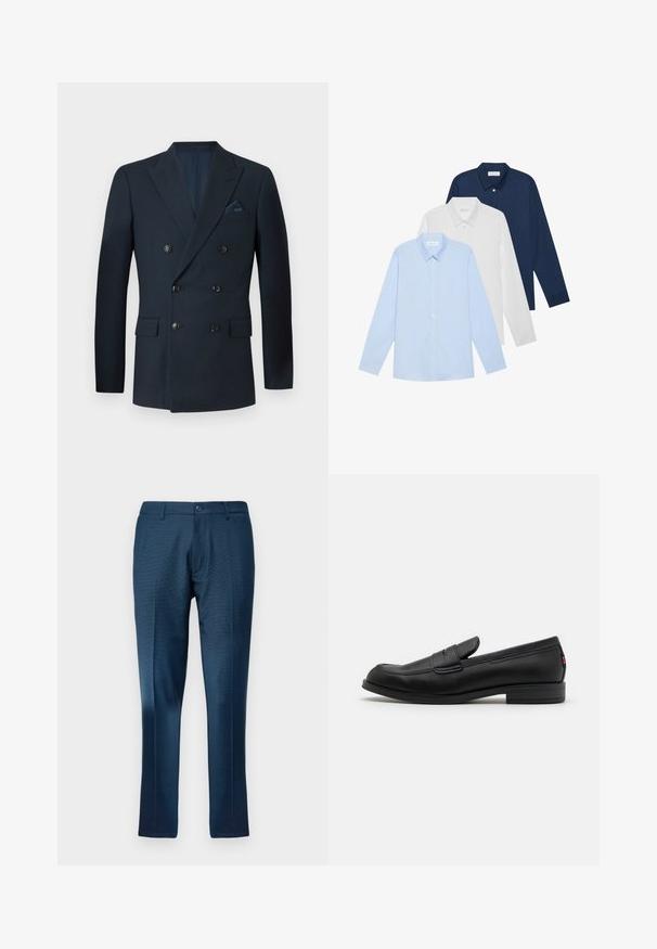 Doppelt geknöpfter marineblauer Blazer aus strukturiertem Stoff, ausgestattet mit sechs schwarzen Knöpfen, zwei Fronttaschen und einer Brusttasche mit einem Seidentaschentuch.; Drei Langarmhemden: hellblau, weiß und marineblau. Alle haben einen klassischen Kragen und eine knöpfbare Vorderseite, aus glattem Stoff gefertigt.; Marineblaues Hosen mit dezentem Karomuster, aus glattem Stoff gefertigt, mit Knopfverschluss und geradem Bein.; Schwarze Lederloafer mit glatter Oberfläche, abgerundetem Zehenbereich und einem kleinen dekorativen Riegel. Ausgestattet mit einem niedrigen, gestapelten Absatz und einem dezenten Markenlogo.