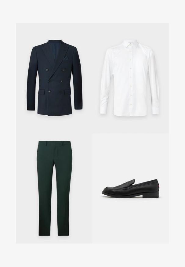 Tamsiai mėlynas dvigubo užsegimo švarkas, pagamintas iš tekstūruoto audinio, su šešiais juodais mygtukais, dviem priekinėmis kišenėmis ir krūtinės kišene su šilko nosinaitę.; Balta ilgomis rankovėmis marškiniai, pagaminti iš glotnaus audinio, su klasikiniu apykakle, sagomis priekyje ir sagos prie rankogalių. Paprastas, švarus dizainas.; Tamsiai žali kelnių su tiesiais šonais, pagamintų iš lygaus audinio. Su plokščiu priekiu ir standartiniu juosmeniu su diržo kilpomis.; Juodos odinės loafers' tipo bateliai su lygia apdaila, apvalia nosimi ir maža dekoratyvine kišenėle. Turi žemą sukrauto kulno ir subtilų prekės ženklo detalę.