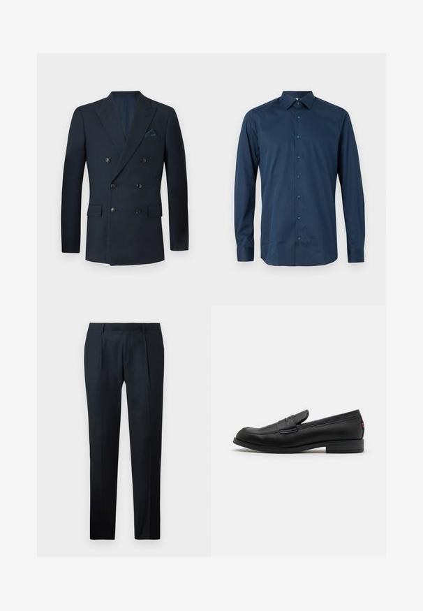 Kaksirivinen tummansininen bleiseri, joka on valmistettu teksturoidusta kankaasta. Siinä on kuusi mustaa nappia, kaksi etutaskua ja rintatasku, jossa on silkkinen taskuliina.; Tummansininen pitkähihaisen napitettavan paidan valmistettu sileästä kankaasta. Siinä on tavallinen kaulus, etupaneeli, jossa on samanväriset napit, ja hihansuut on käännettävissä.; Mustat räätälöidyt housut, jotka on valmistettu sileästä kankaasta, ja joissa on slim fit -muotoilu, kaksi etupleippaa ja litteä vyötärö ilman näkyvää varustusta.; Mustat nahkaloafersit, joissa on sileä pinta, pyöreä kärki ja pieni koristeellinen läppä. Varustettu matalalla pinotulla korolla ja huomaamattomalla brändityksellä.