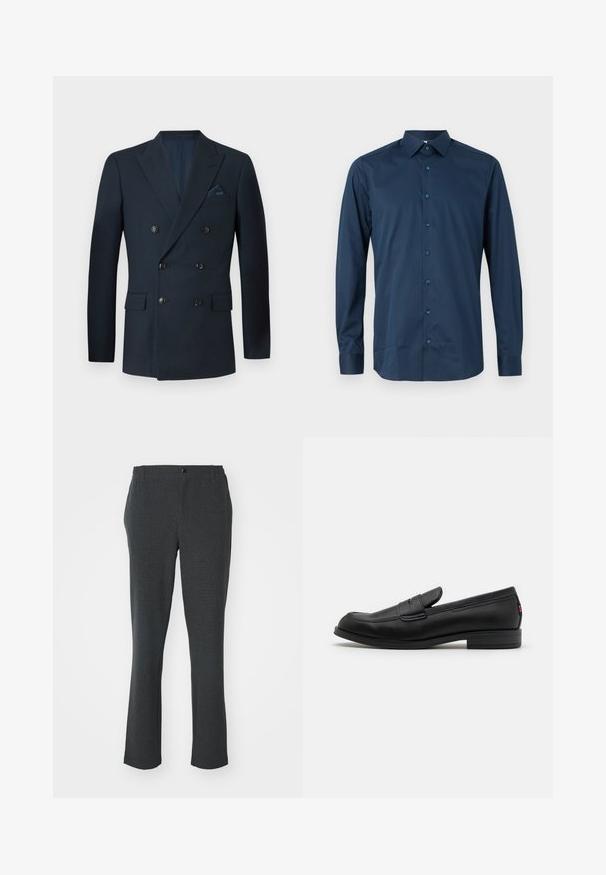 Blazer doppiopetto blu navy realizzato in tessuto testurizzato, con sei bottoni neri, due tasche frontali e una tasca sul petto con un fazzoletto in seta.; Camicia blu navy a maniche lunghe con bottoni, realizzata in tessuto morbido. Presenta un colletto standard, una patta frontale con bottoni coordinati e maniche con polsini.; Pantaloni grigi scuri realizzati in tessuto testurizzato; design a gamba dritta con bottone frontale e tasche laterali discrete.; Mocassini in pelle nera con finitura liscia, punta arrotondata e una piccola pattina decorativa. Presentano un tacco basso e impilato e un sottile dettaglio di branding.