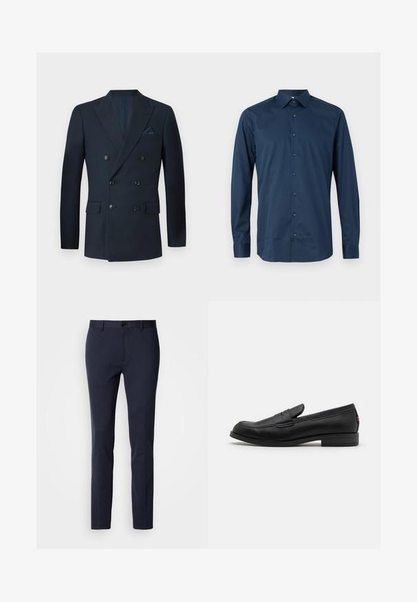 Dubbelzijdige marineblauwe blazer van textuurstof, voorzien van zes zwarte knopen, twee voorzakken en een borstzak met een zijden pochet.; Marineblauwe langarm overhemd met knopen, gemaakt van een gladde stof. Heeft een klassieke kraag, een voorflap met bijpassende knopen en manchetten met knopen.; Marinebroeken gemaakt van een gladde, rekbare stof. Voorzien van een ritssluiting, een enkele knoopsluiting en smalle, taps toelopende pijpen.; Zwarte leren instappers met een gladde afwerking, ronde neus en een kleine decoratieve flap. Heeft een lage gestapelde hak en een subtiel merkteken.