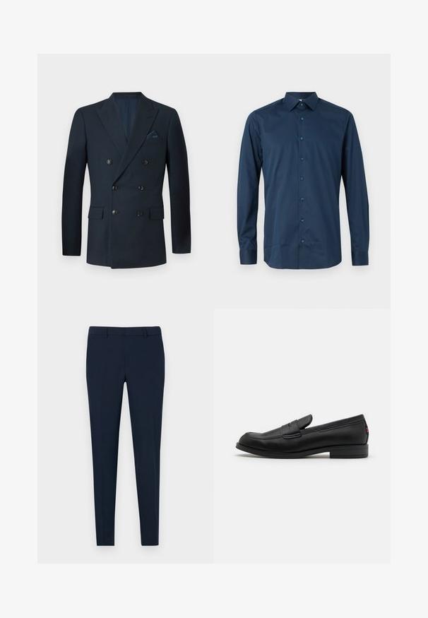 Topeltkavaga tumesinine bleiser, mis on valmistatud tekstureeritud kangast, millel on kuus musta nuppu, kaks eesmist taskut ja rinnaegu tasku siidise taskurätiku jaoks.; Tumesinine pika varrukaga nööpidega särk, mis on valmistatud sileda kangaga. Omab standardset kraed, esistabiilset nööpide rida ja mansettidega varrukaid.; Tumesinised kohandatud püksid, millel on kitsas lõige, litsepüsiv ja vöökohaga ning mis on valmistatud siledast kangast. Ei ole nähtavaid mustreid ega kaunistusi.; Mustad mustad nahast loaferid siledast viimistlusest, ümmargune nina ja väike dekoratiivne klapp. Omab madalat kokkupandud kontsa ja diskreetset brändingut.