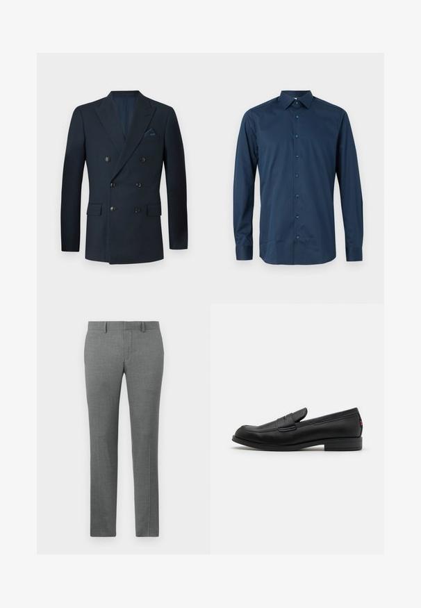Dvojřadý navy blazer vyrobený z texturované tkaniny, který má šest černých knoflíků, dvě přední kapsy a náprsní kapsu se hedvábným kapesníčkem.; Tmavě modrá košile s dlouhým rukávem a knoflíky vyrobená z hladké tkaniny. Má standardní límeček, přední légou s odpovídajícími knoflíky a manžetami na rukávech.; Šedé kalhoty na míru s hladkou texturou, rovný střih, poutka na opasek a jemný herringbonový vzor po celé ploše.; Černé kožené mokasíny s hladkým povrchem, kulatou špičkou a malým dekorativním klopou. Mají nízký stočený podpatek a decentní branding.