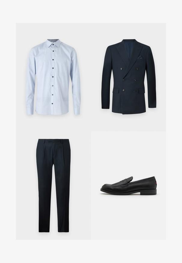 Dobbeltspent marineblå blazer laget av teksturert stoff, med seks svarte knapper, to frontlommer og en brystlomme med et silkeslips.; Lyseblå skjorte med lange ermer, knappelukkekrage, svarte knapper og mønstrete innerkrage. Glatt tekstur, skreddersydd passform.; Sorte skreddersydde bukser laget av glatt stoff, med en slim fit-design, to frontfolder og en flat midje uten synlig maskinvare.; Sorte lærlofter med en glat overflade, rund tå og en lille dekorativ flap. Har en lav stablet hæl og diskret brandingdetalje.