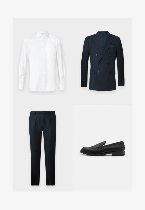 Dvojřadý navy blazer vyrobený z texturované tkaniny, který má šest černých knoflíků, dvě přední kapsy a náprsní kapsu se hedvábným kapesníčkem.; Bílá košile s dlouhým rukávem z hladké látky, s klasickým límcem, předním zapínáním na knoflíky a knoflíkovými manžetami. Jednoduchý, čistý design.; Černé kalhoty na míru vyrobené z hladké tkaniny, s úzkým střihem, dvěma předními záhyby a plochým pasem bez viditelného kování.; Černé kožené mokasíny s hladkým povrchem, kulatou špičkou a malým dekorativním klopou. Mají nízký stočený podpatek a decentní branding.