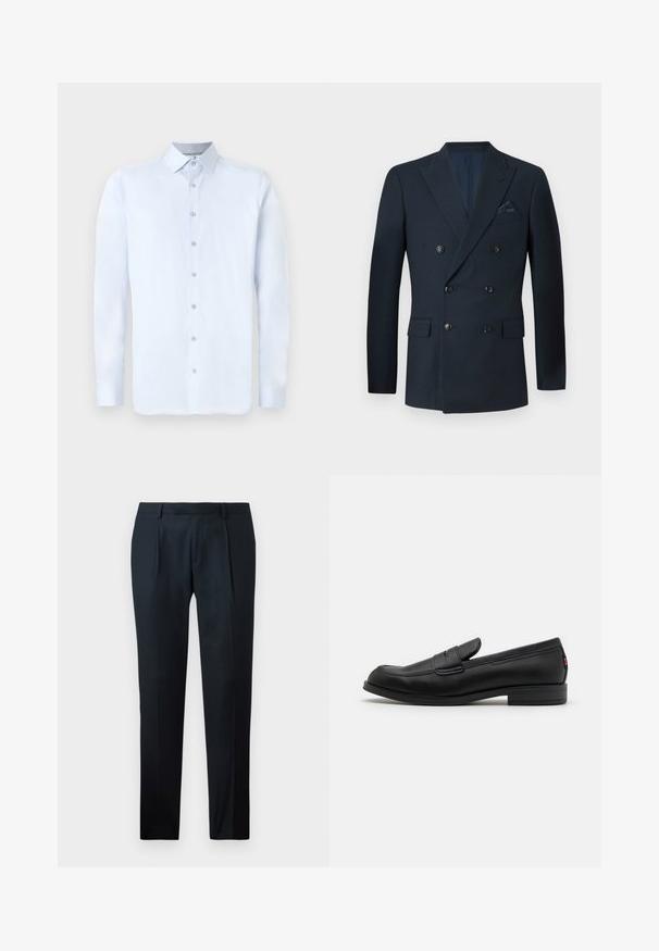 Dvostruko kopčana mornarsko plava sako jakna izrađena od teksturiranog materijala, sadrži šest crnih dugmadi, dva prednja džepa i jedan džep na prsima s svilenim maramicom.; Svijetloplava majica dugih rukava s oštrim ovratnikom, prednjim zatvaranjem na gumbe i glatkom teksturom. Sadrži srebrne gumbe kao akcent na zakovici.; Crne krojene hlače od glatkog materijala, s dizajnom uskog kroja, dva prednja nabora i ravnim pojasom bez vidljivih metalnih dijelova.; Crne kožne mokasine s glatkom površinom, zaobljenim vrhom i malim dekorativnim preklopom. Imaju nisku složenu petu i suptilni detalj s brandom.