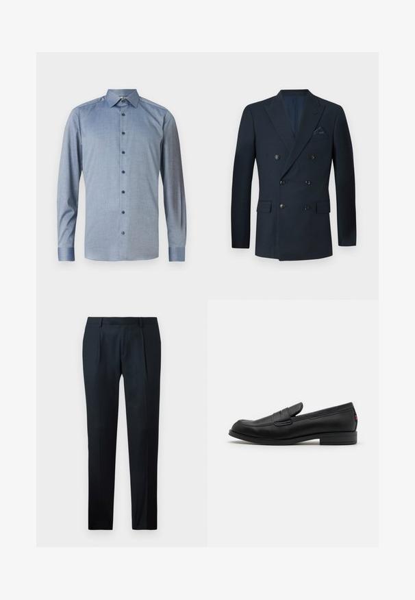 Blazer bleu marine croisé en tissu texturé, doté de six boutons noirs, de deux poches avant et d'une poche poitrine avec un mouchoir en soie.; Chemise à manches longues bleu clair avec un motif subtil, col, devant entièrement boutonné et boutons bleu foncé. Texture de tissu lisse.; Pantalon noir sur mesure en tissu lisse, présentant un design slim fit, deux plis avant et une taille plate sans matériel visible.; Mocassins en cuir noir avec une finition lisse, un bout arrondi et une petite flèche décorative. Dotés d'un petit talon empilé et d'un détail de marque subtil.