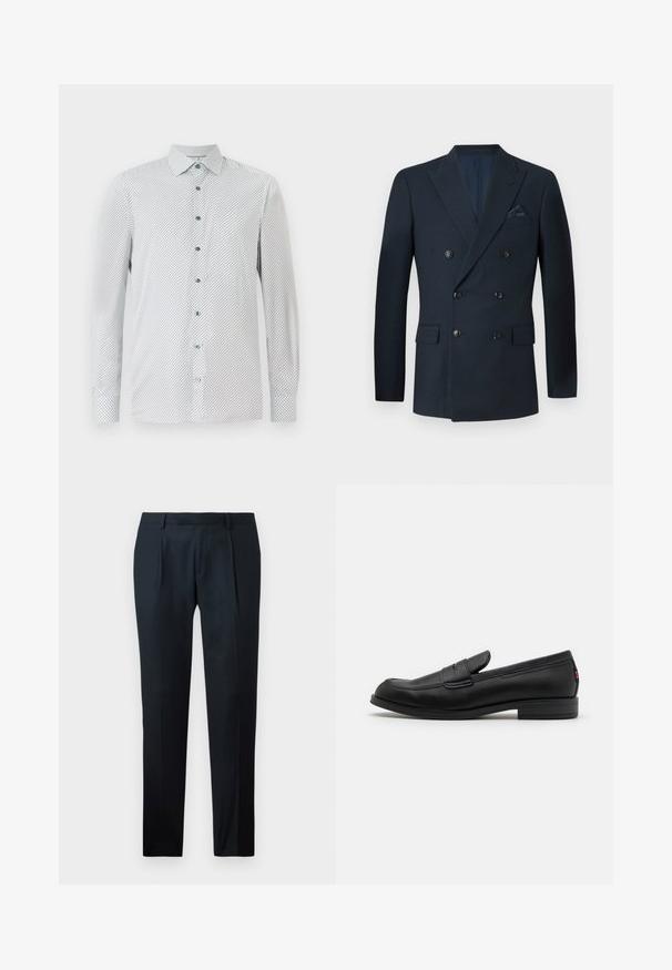Blazer bleumarin cu două rânduri de nasturi, fabricat dintr-un material texturat, având șase nasturi negri, două buzunare frontale și un buzunar pe piept cu o batistă din mătase.; Cămașă albă cu mâneci lungi, cu un mic model geometric negru, nasturi verzi și gulere ascuțite. Croială normală cu mansete cu nasturi.; Pantaloni negri, croiți, dintr-un material neted, cu un design slim fit, două pliuri frontale și un brâu plat fără accesorii vizibile.; Mocasini din piele neagră cu un finisaj neted, vârf rotunjit și o mică clapetă decorativă. Au un toc joasă din lemn laminat și un detaliu de branding subtil.
