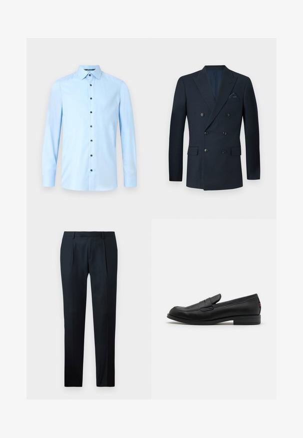 Blazer bleumarin cu două rânduri de nasturi, fabricat dintr-un material texturat, având șase nasturi negri, două buzunare frontale și un buzunar pe piept cu o batistă din mătase.; Cămașă butonată de culoare albastru deschis, realizată dintr-un material neted. Prezintă un guler clasic, mâneci lungi și butoane întunecate pe pliul din față.; Pantaloni negri, croiți, dintr-un material neted, cu un design slim fit, două pliuri frontale și un brâu plat fără accesorii vizibile.; Mocasini din piele neagră cu un finisaj neted, vârf rotunjit și o mică clapetă decorativă. Au un toc joasă din lemn laminat și un detaliu de branding subtil.