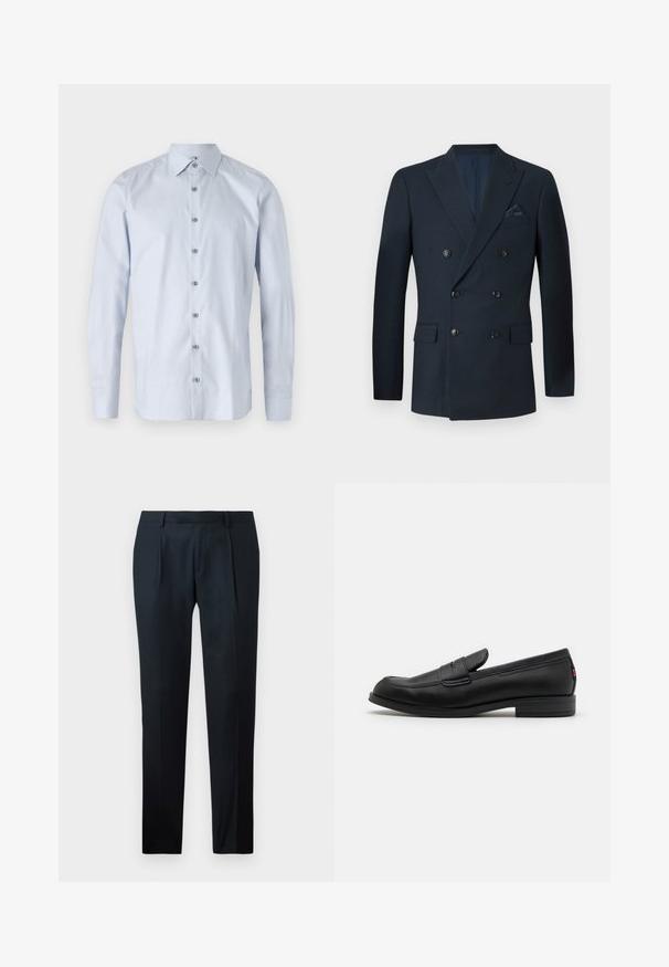 Kétgombos, sötétkék blézer, texturált anyagból készült, hat fekete gombbal, két elülső zsebbel és egy melltokkal, amelyben selyem zsebkendő található.; Halaszkék, gombos ing, melynek formázott gallérja, hosszú ujja és finom textúrázott mintázata van. Az elején fémből készült gombok díszítik.; Fekete, sima anyagból készült, testes szabású nadrág, karcsú fazonban, két elülső redővel és lapos derékkal, látható fémrészletek nélkül.; Fekete bőr loafer cipők sima felülettel, lekerekített orral és egy kis díszes hajtókával. Alacsony, rakott sarkú és diszkrét márkázási részletekkel rendelkezik.