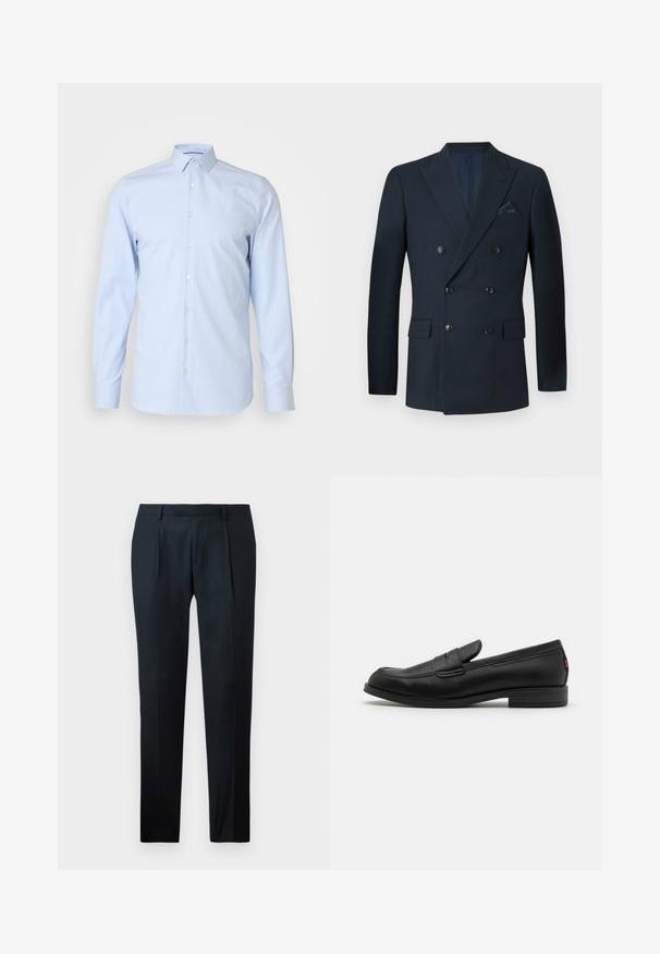 Blazer bleu marine croisé en tissu texturé, doté de six boutons noirs, de deux poches avant et d'une poche poitrine avec un mouchoir en soie.; Chemise boutonnée bleu clair, à manches longues, col classique, en tissu lisse, présentant des boutons blancs sur le devant, design minimaliste.; Pantalon noir sur mesure en tissu lisse, présentant un design slim fit, deux plis avant et une taille plate sans matériel visible.; Mocassins en cuir noir avec une finition lisse, un bout arrondi et une petite flèche décorative. Dotés d'un petit talon empilé et d'un détail de marque subtil.