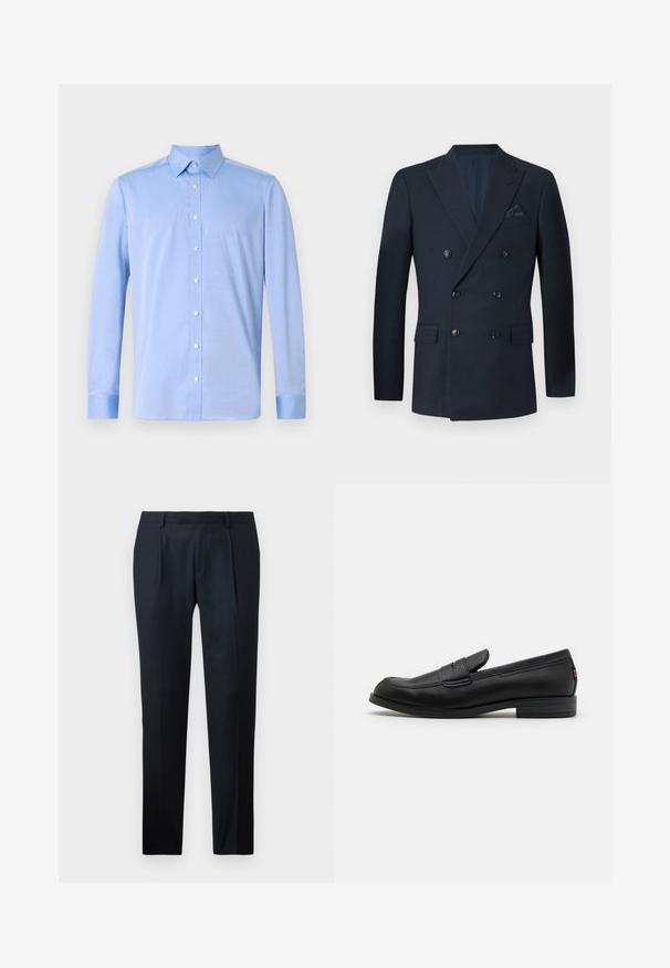 Dvojno zapenjanje mornarsko modre blazer jakne iz teksturirane tkanine, s šestimi črnimi gumbi, dvema sprednjima žepoma in žepom za dresi s svilenim robčkom.; Svetlo modra srajca z dolgimi rokavi, klasičnim ovratnikom in belimi gumbi. Tkanina se zdi gladka s subtilno teksturo.; Črne krojene hlače iz gladkega materiala, s slim fit obliko, dvema sprednjima naborkoma in ravnim pasom brez vidnih kovinskih delov.; Črne usnjene mokasine z gladko površino, zaobljenim nosom in majhnim okrasnim preklopom. Imajo nizek zložen peto in subtilen detajl blagovne znamke.