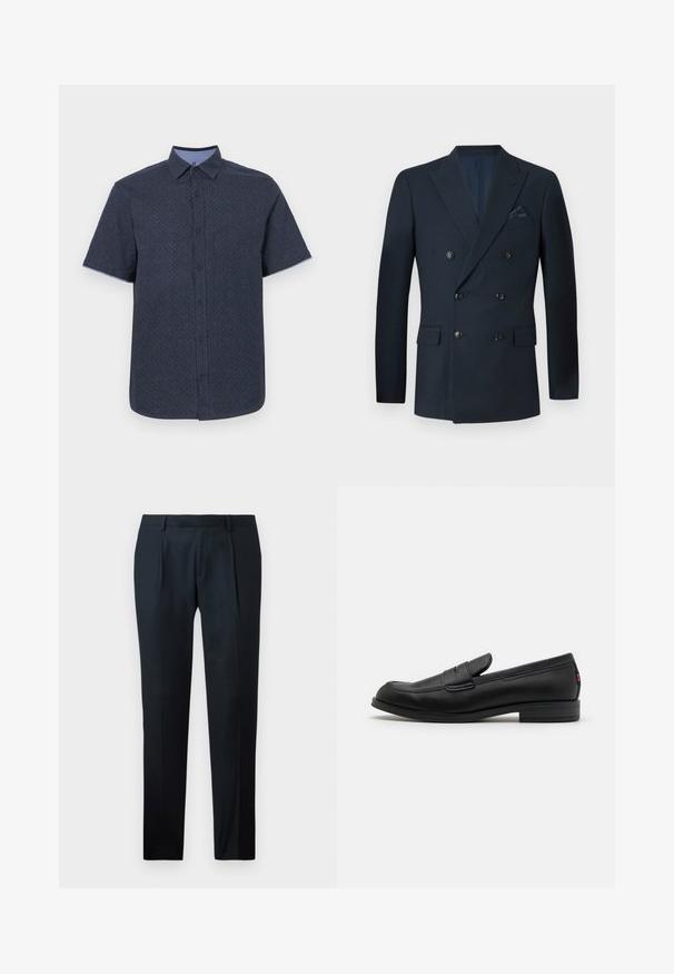 Double-breasted navy blazer made of textured fabric, featuring six black buttons, two front pockets, and a breast pocket with a silk pocket square.; Short-sleeve shirt in dark navy fabric with a subtle geometric pattern, featuring a button-down collar and contrasting light blue placket.; Black tailored pants made of smooth fabric, featuring a slim fit design, two front pleats, and a flat waistband without visible hardware.; Black leather loafers with a smooth finish, rounded toe, and a small decorative flap. Features a low stacked heel and subtle branding detail.
