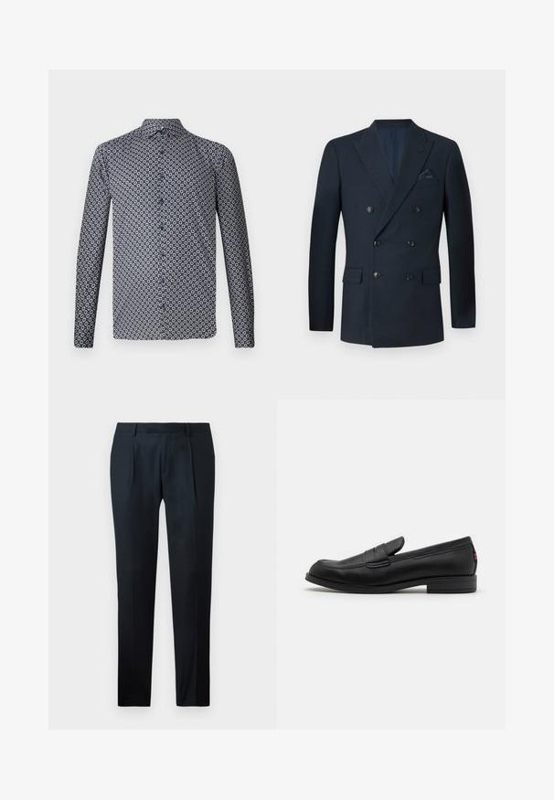 Kétgombos, sötétkék blézer, texturált anyagból készült, hat fekete gombbal, két elülső zsebbel és egy melltokkal, amelyben selyem zsebkendő található.; Hosszú ujjú, sötét tengerészkék gombos ing, ismétlődő fehér virágmintával. Jellemzője a hegyes gallér és a gombos elülső rész. Simaság jellemzi a szövetet.; Fekete, sima anyagból készült, testes szabású nadrág, karcsú fazonban, két elülső redővel és lapos derékkal, látható fémrészletek nélkül.; Fekete bőr loafer cipők sima felülettel, lekerekített orral és egy kis díszes hajtókával. Alacsony, rakott sarkú és diszkrét márkázási részletekkel rendelkezik.