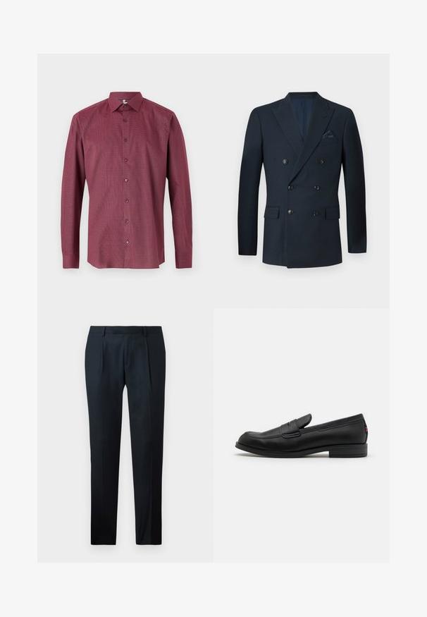 Dobbeltradet navy blazer lavet af tekstureret stof, med seks sorte knapper, to forlommer og en brystlomme med en silke lommetørklæde.; Bordeaux langærmet skjorte med et diskret ternet mønster, knapkrave og frontknaplukning. Fremstillet af glat, letvægtsstof.; Sorte skræddersyede bukser lavet af glat stof, med et slankt snit, to forkert vafler og en flad talje uden synligt hardware.; Sorte læder loafers med en glat finish, rund tå og en lille dekorativ flap. Har en lav stablet hæl og en subtil brandingdetalje.