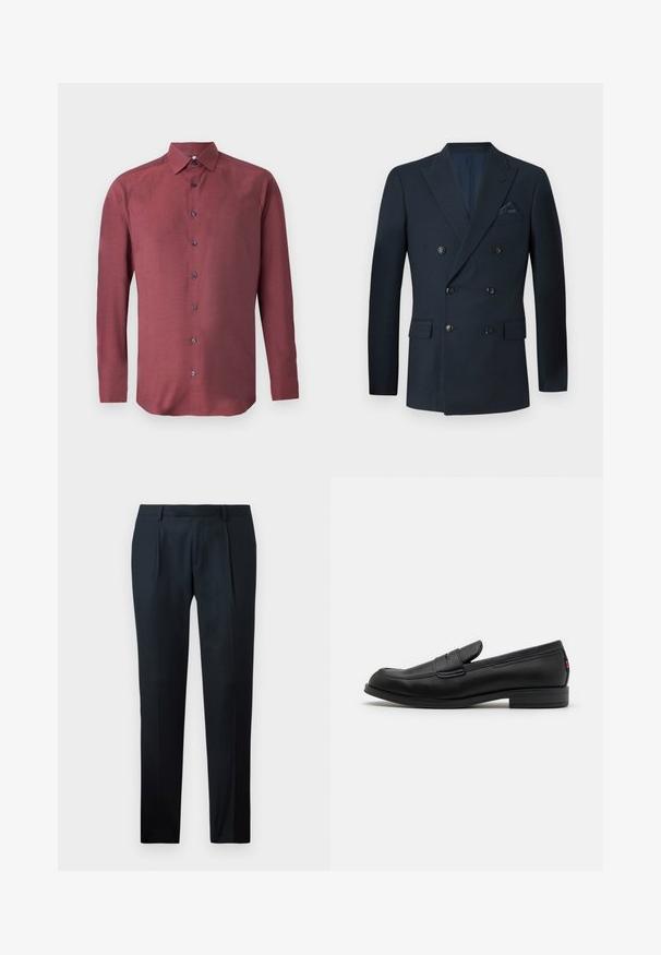 Dubbelzijdige marineblauwe blazer van textuurstof, voorzien van zes zwarte knopen, twee voorzakken en een borstzak met een zijden pochet.; Langarmige, knoopsluiting shirt van bordeauxrood stof met een gestructureerd patroon en donkerblauwe knopen; beschikt over een puntige kraag en een rechte zoom.; Zwarte geklede broek van gladde stof, met een slim fit ontwerp, twee plooien aan de voorkant en een vlakke tailleband zonder zichtbare beslag.; Zwarte leren instappers met een gladde afwerking, ronde neus en een kleine decoratieve flap. Heeft een lage gestapelde hak en een subtiel merkteken.