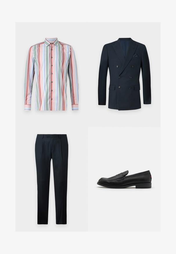Double-breasted navy blazer made of textured fabric, featuring six black buttons, two front pockets, and a breast pocket with a silk pocket square.; Button-up shirt featuring vertical stripes in multiple colors: red, green, blue, and white. Long sleeves and standard collar design.; Black tailored pants made of smooth fabric, featuring a slim fit design, two front pleats, and a flat waistband without visible hardware.; Black leather loafers with a smooth finish, rounded toe, and a small decorative flap. Features a low stacked heel and subtle branding detail.