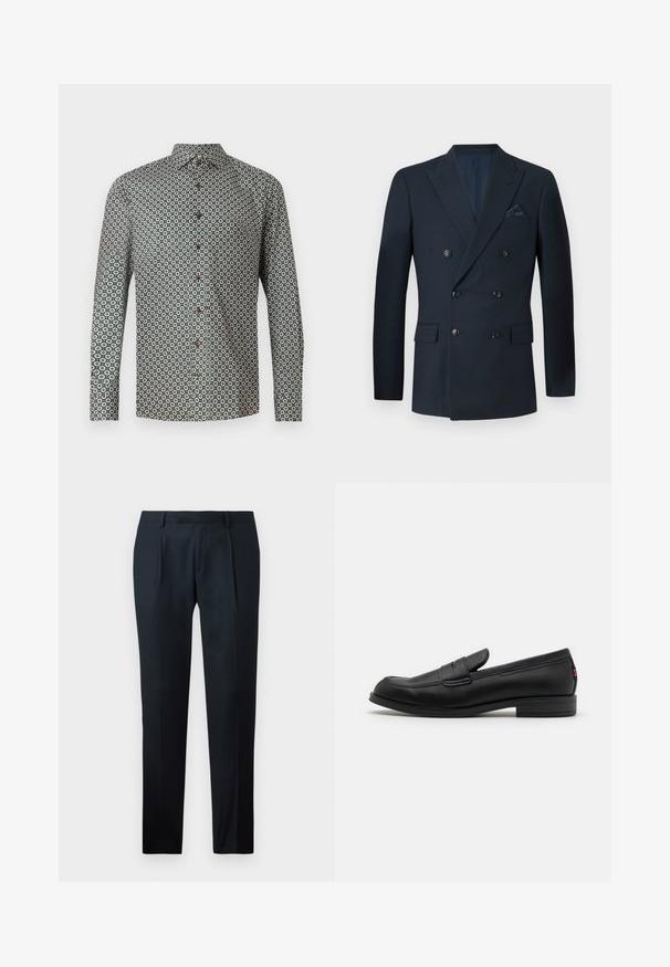 Doppelt geknöpfter marineblauer Blazer aus strukturiertem Stoff, ausgestattet mit sechs schwarzen Knöpfen, zwei Fronttaschen und einer Brusttasche mit einem Seidentaschentuch.; Langärmliges Hemd aus grünem Stoff mit einem wiederholten Blumenmuster. Der Kragen ist mit Knöpfen versehen, und entlang der Vorderseite befinden sich braune Knöpfe.; Schwarze maßgeschneiderte Hose aus glattem Material mit schlankem Schnitt, zwei vorderen Falten und einem flachen Bund ohne sichtbare Beschläge.; Schwarze Lederloafer mit glatter Oberfläche, abgerundetem Zehenbereich und einem kleinen dekorativen Riegel. Ausgestattet mit einem niedrigen, gestapelten Absatz und einem dezenten Markenlogo.