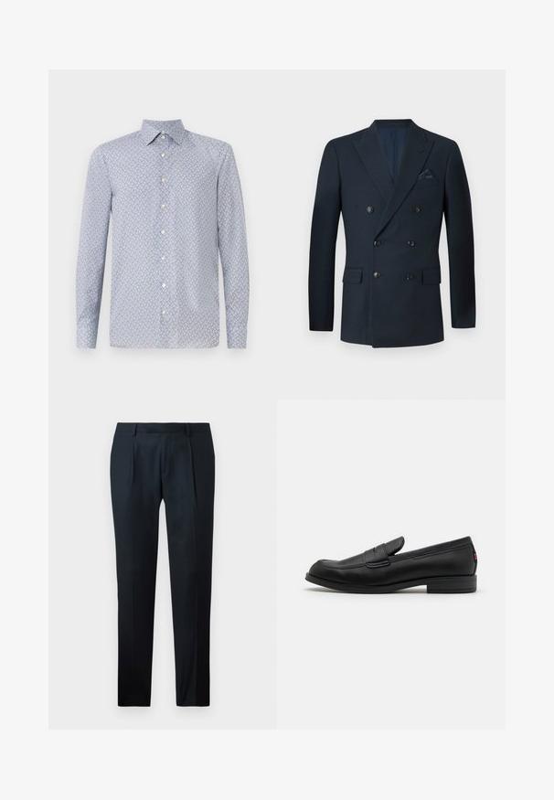 Dobbeltspent marineblå blazer laget av teksturert stoff, med seks svarte knapper, to frontlommer og en brystlomme med et silkeslips.; Lyseblå knapp-up skjorte med et geometrisk mønster i rødt og marineblått. Har spiss krage og lange ermer. Laget av et glatt stoff.; Sorte skreddersydde bukser laget av glatt stoff, med en slim fit-design, to frontfolder og en flat midje uten synlig maskinvare.; Sorte lærlofter med en glat overflade, rund tå og en lille dekorativ flap. Har en lav stablet hæl og diskret brandingdetalje.