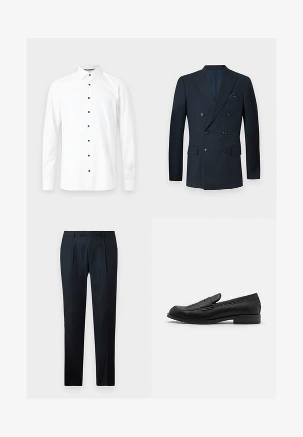 Blazer doppiopetto blu navy realizzato in tessuto testurizzato, con sei bottoni neri, due tasche frontali e una tasca sul petto con un fazzoletto in seta.; Camicia bianca a maniche lunghe con colletto a punta, dotata di bottoni neri e una texture liscia. Nessun motivo o grafica visibili.; Pantaloni neri su misura realizzati in tessuto liscio, con un design slim fit, due pince frontali e una cintura piatta senza hardware visibile.; Mocassini in pelle nera con finitura liscia, punta arrotondata e una piccola pattina decorativa. Presentano un tacco basso e impilato e un sottile dettaglio di branding.