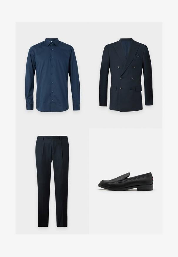 Podwójnie zapięta marynarka w kolorze granatowym, wykonana z teksturowanej tkaniny, z sześcioma czarnymi guzikami, dwiema przednimi kieszeniami oraz kieszonką na piersi z jedwabną chusteczką.; Granatowa, długorękawowa koszula zapinana na guziki z gładkiego materiału. Posiada klasyczny kołnierzyk, zakładkę z przodu z dopasowanymi guzikami oraz mankiety z zapięciem.; Czarne spodnie o dopasowanym kroju, wykonane z gładkiego materiału, z wąskim fasonem, dwoma fałdami z przodu i płaskim pasem bez widocznych elementów hardware.; Czarne skórzane loafersy o gładkim wykończeniu, zaokrąglonym czubku i małym dekoracyjnym klapku. Posiadają niską, warstwową podeszwę oraz subtelny detal z brandingiem.