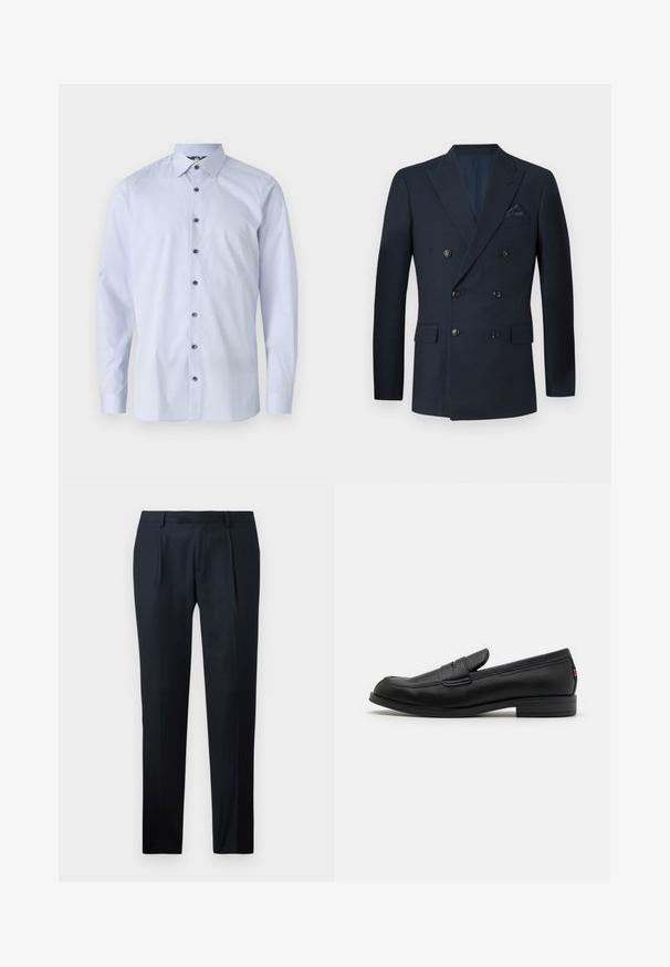 Blazer doppiopetto blu navy realizzato in tessuto testurizzato, con sei bottoni neri, due tasche frontali e una tasca sul petto con un fazzoletto in seta.; Camicia a maniche lunghe di colore azzurro realizzata in cotone. Presenta un colletto a punta e sei bottoni scuri a contrasto sulla parte anteriore. Texture liscia.; Pantaloni neri su misura realizzati in tessuto liscio, con un design slim fit, due pince frontali e una cintura piatta senza hardware visibile.; Mocassini in pelle nera con finitura liscia, punta arrotondata e una piccola pattina decorativa. Presentano un tacco basso e impilato e un sottile dettaglio di branding.