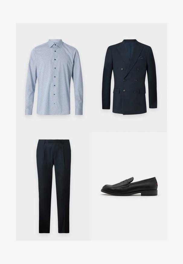 Doppelt geknöpfter marineblauer Blazer aus strukturiertem Stoff, ausgestattet mit sechs schwarzen Knöpfen, zwei Fronttaschen und einer Brusttasche mit einem Seidentaschentuch.; Helles blaues Langarmhemd mit geometrischem Muster, Button-Down-Kragen und kontrastierenden blauen Knöpfen auf einem strukturierten Stoff.; Schwarze maßgeschneiderte Hose aus glattem Material mit schlankem Schnitt, zwei vorderen Falten und einem flachen Bund ohne sichtbare Beschläge.; Schwarze Lederloafer mit glatter Oberfläche, abgerundetem Zehenbereich und einem kleinen dekorativen Riegel. Ausgestattet mit einem niedrigen, gestapelten Absatz und einem dezenten Markenlogo.
