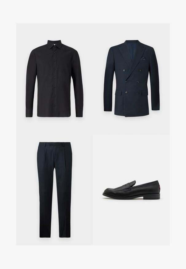 Kaksirivinen tummansininen bleiseri, joka on valmistettu teksturoidusta kankaasta. Siinä on kuusi mustaa nappia, kaksi etutaskua ja rintatasku, jossa on silkkinen taskuliina.; Mustat pitkähihainen paita, joka on valmistettu sileästä kankaasta ja jossa on klassinen kaulus, nappisuljenta edessä, säädettävät hihansuut ja umpinainen istuvuus.; Mustat räätälöidyt housut, jotka on valmistettu sileästä kankaasta, ja joissa on slim fit -muotoilu, kaksi etupleippaa ja litteä vyötärö ilman näkyvää varustusta.; Mustat nahkaloafersit, joissa on sileä pinta, pyöreä kärki ja pieni koristeellinen läppä. Varustettu matalalla pinotulla korolla ja huomaamattomalla brändityksellä.