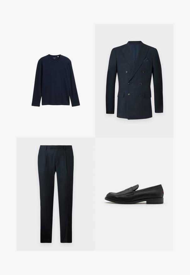 Tamsiai mėlynas dvigubo užsegimo švarkas, pagamintas iš tekstūruoto audinio, su šešiais juodais mygtukais, dviem priekinėmis kišenėmis ir krūtinės kišene su šilko nosinaitę.; Tamsiai mėlynas ilgomis rankovėmis marškinėliai, pagaminti iš minkštos medvilnės, su apvaliu kaklu ir laisvu siluetu, be matomų raštų ar akcentų.; Juodi pritaikyti kelniai, pagaminti iš lygaus Audinio, su lieknu siluetu, dviem priekiniais klostėmis ir plokščiu liemeniu be matomų detalių.; Juodos odinės loafers' tipo bateliai su lygia apdaila, apvalia nosimi ir maža dekoratyvine kišenėle. Turi žemą sukrauto kulno ir subtilų prekės ženklo detalę.