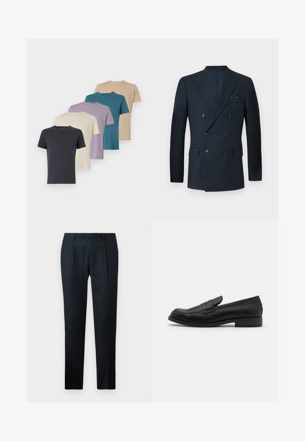 Διπλό ανοιχτό ναυτικό σακάκι από υφασμάτινη υφή, με έξι μαύρα κουμπιά, δύο μπροστινές τσέπες και μια τσέπη στο στήθος με μεταξωτό μαντήλι.; Πέντε κοντομάνικες μπλούζες σε σκούρο γκρι, κρέμα, λεβάντα, τιρκουάζ και μπεζ. Φτιαγμένες από μαλακό ύφασμα με στρογγυλή λαιμόκοψη και κανονική εφαρμογή.; Μαύρο tailored παντελόνι από λείο ύφασμα, με σχέδιο slim fit, δύο πτυχές μπροστά και επίπεδη ζώνη χωρίς ορατό υλικό.; Μαύρα δερμάτινα λοφράκια με απαλή επιφάνεια, στρογγυλή μύτη και μικρό διακοσμητικό καπάκι. Διαθέτουν χαμηλό ψηλό τακούνι και διακριτική λεπτομέρεια σήμανσης.