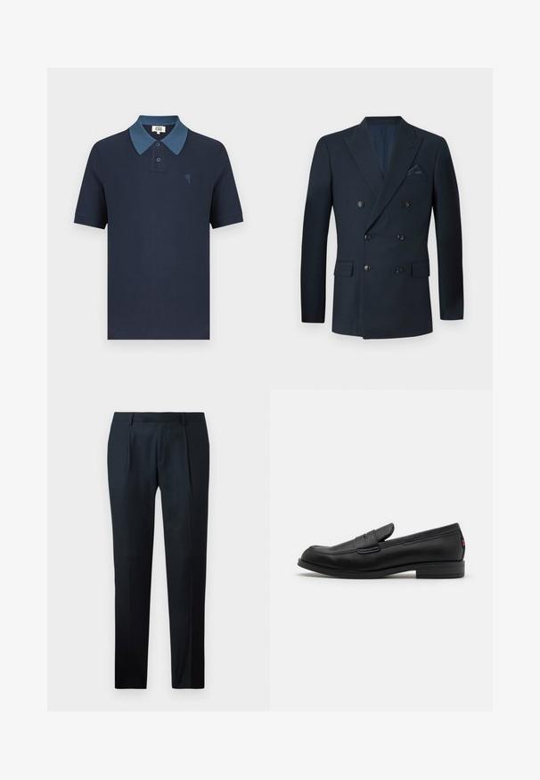 Tamsiai mėlynas dvigubo užsegimo švarkas, pagamintas iš tekstūruoto audinio, su šešiais juodais mygtukais, dviem priekinėmis kišenėmis ir krūtinės kišene su šilko nosinaitę.; Tamsiai mėlynas polo marškinėlis su kontrastine mėlyna apykakle, trumpomis rankovėmis, tekstūruota medžiaga ir mažu siuvinėtu širdies motyvu ant krūtinės.; Juodi pritaikyti kelniai, pagaminti iš lygaus Audinio, su lieknu siluetu, dviem priekiniais klostėmis ir plokščiu liemeniu be matomų detalių.; Juodos odinės loafers' tipo bateliai su lygia apdaila, apvalia nosimi ir maža dekoratyvine kišenėle. Turi žemą sukrauto kulno ir subtilų prekės ženklo detalę.