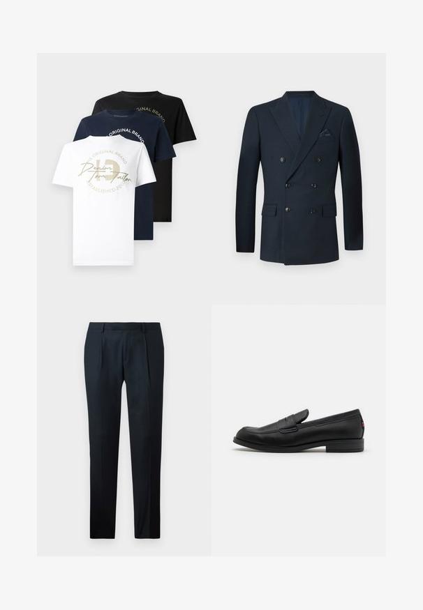 Kétgombos, sötétkék blézer, texturált anyagból készült, hat fekete gombbal, két elülső zsebbel és egy melltokkal, amelyben selyem zsebkendő található.; Három kereknyakú póló fehér, navy és fekete pamutból, amelyeken az egyik fehér pólón egy aranyszínű grafikai logó és szöveg található kör alakú dizájnban.; Fekete, sima anyagból készült, testes szabású nadrág, karcsú fazonban, két elülső redővel és lapos derékkal, látható fémrészletek nélkül.; Fekete bőr loafer cipők sima felülettel, lekerekített orral és egy kis díszes hajtókával. Alacsony, rakott sarkú és diszkrét márkázási részletekkel rendelkezik.